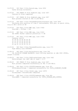 11:07:52 #15 Text 0 File Burncd.cpp, Line 4356
Cache writing successful.
11:07:52 #16 PHASE 25 File dlgbrnst.cpp, Line 1827
Caching of files completed
11:07:52 #17 PHASE 36 File dlgbrnst.cpp, Line 1827
Burn process started at 48x (7.200 KB/s)
11:07:52 #18 Text 0 File ThreadedTransferInterface.cpp, Line 2850
Verifying disc position of item 0 (relocatable, disc pos, no patch infos,
orig at #0): write at #0
11:07:52 #19 Text 0 File MMC.cpp, Line 17602
StartDAO : CD-Text - Off
11:07:52 #20 Text 0 File MMC.cpp, Line 21601
Set BUFE: Buffer underrun protection -> ON
11:07:52 #21 Text 0 File MMC.cpp, Line 17830
CueData, Len=32
41 00 00 14 00 00 00 00
41 01 00 10 00 00 00 00
41 01 01 10 00 00 02 00
41 aa 01 14 00 00 36 14
11:07:52 #22 Text 0 File ThreadedTransfer.cpp, Line 273
Pipe memory size 83836800
11:08:16 #23 Text 0 File WriterStatus.cpp, Line 244
<E: HL-DT-ST DVDRAM GH24NS95> start writing Lead-Out at LBA 3920 (F50h),
length 0 blocks
11:08:22 #24 Text 0 File DVDPlusDualLayer.cpp, Line 1462
SetDriveCaps: Set LAST LBA of layer 1 to 0
11:08:22 #25 PHASE 37 File dlgbrnst.cpp, Line 1827
Burn process completed successfully at 48x (7.200 KB/s)
11:08:26 #26 Text 0 File SCSIPTICommands.cpp, Line 301
SPTIDismountVolume - completed successfully for FSCTL_DISMOUNT_VOLUME
11:08:26 #27 Text 0 File Cdrdrv.cpp, Line 11878
DriveLocker: UnLockVolume completed
11:08:26 #28 Text 0 File SCSIPTICommands.cpp, Line 464
UnLockMCN - completed sucessfully for IOCTL_STORAGE_MCN_CONTROL
 