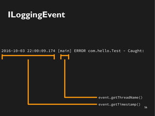 56
ILoggingEvent
2016-10-03 22:00:09.174 [main] ERROR com.hello.Test - Caught:
event.getTimestamp()
event.getThreadName()
 