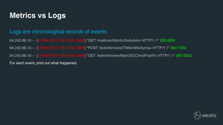 Metrics vs Logs
64.242.88.10 - - [07/Mar/2017:16:10:02 -0800] "GET /mailman/listinfo/hsdivision HTTP/1.1" 200 6291
64.242.88.10 - - [07/Mar/2017:16:11:58 -0800] "POST /twiki/bin/view/TWiki/WikiSyntax HTTP/1.1" 404 7352
64.242.88.10 - - [07/Mar/2017:16:20:55 -0800] "GET /twiki/bin/view/Main/DCCAndPostFix HTTP/1.1" 200 5253
For each event, print out what happened.
Logs are chronological records of events
 
