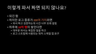 이렇게 파서 짜면 되지 않나요?
• 되긴 함
• 하지만 로그 종류가 200여 가지라면
• 파서 짜고 검증하는데 시간 너무 오래 걸림
• 하루에 10억 행이 쌓인다면
• 대부분 파서는 복잡한 일을 하고
• 로그 스트림에 사용되는 워커 스케일 업 요구
 