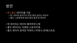 방안
• 핫 / 콜드 데이터를 구분
• 핫 : 데이터 분석가가 주로 쿼리 날리는 데이터
• 콜드 : 1년에 한번 쿼리 할까 말까 한 데이터
• 핫 데이터는 데이터 웨어하우스에
• 콜드 데이터는 저렴한 스토리지에
• 콜드 데이터 검색은 빅쿼리 / 아테나 /프레스토로
 