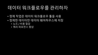 데이터 워크플로우를 관리하자
• 정제 작업은 데이터 워크플로우 툴을 사용
• 정제한 데이터만 데이터 웨어하우스에 저장
• 노드 / 비용 절감
• 쿼리 퍼포먼스 향상
 