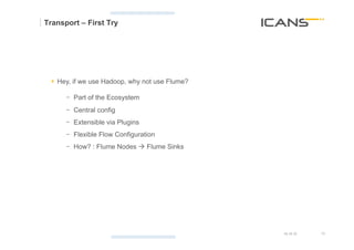 Transport – First Try




  §  Hey, if we use Hadoop, why not use Flume?

      -  Part of the Ecosystem
      -  Central config
      -  Extensible via Plugins
      -  Flexible Flow Configuration
      -  How? : Flume Nodes à Flume Sinks




                                                  15.10.12   15	
  
                                                             15
 