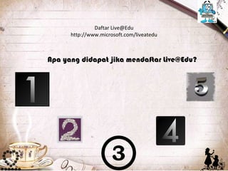 Daftar Live@Edu
      http://www.microsoft.com/liveatedu



Apa yang didapat jika mendaftar Live@Edu?
 