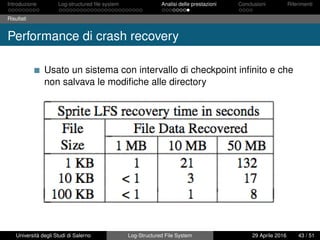 Introduzione Log-structured ﬁle system Analisi delle prestazioni Conclusioni Riferimenti
Risultati
Performance di crash recovery
Usato un sistema con intervallo di checkpoint inﬁnito e che
non salvava le modiﬁche alle directory
Università degli Studi di Salerno Log-Structured File System 29 Aprile 2016 43 / 51
 