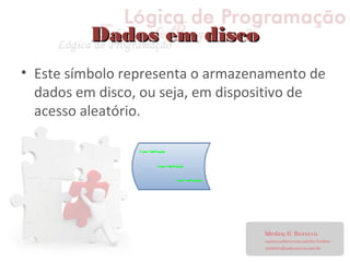Dados em discoDados em disco
• Este símbolo representa o armazenamento de
dados em disco, ou seja, em dispositivo de
acesso aleatório.
 