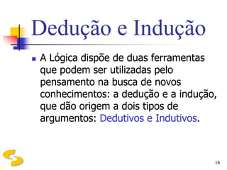Dedução e Indução
   A Lógica dispõe de duas ferramentas
    que podem ser utilizadas pelo
    pensamento na busca de novos
    conhecimentos: a dedução e a indução,
    que dão origem a dois tipos de
    argumentos: Dedutivos e Indutivos.



                                        16
 