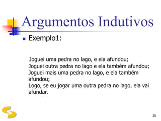 Argumentos Indutivos
   Exemplo1:

    Joguei uma pedra no lago, e ela afundou;
    Joguei outra pedra no lago e ela também afundou;
    Joguei mais uma pedra no lago, e ela também
    afundou;
    Logo, se eu jogar uma outra pedra no lago, ela vai
    afundar.



                                                         20
 