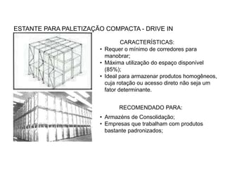 ESTANTE PARA PALETIZAÇÃO COMPACTA - DRIVE IN 
CARACTERÍSTICAS: 
• Requer o mínimo de corredores para 
manobrar; 
• Máxima utilização do espaço disponível 
(85%); 
• Ideal para armazenar produtos homogêneos, 
cuja rotação ou acesso direto não seja um 
fator determinante. 
RECOMENDADO PARA: 
• Armazéns de Consolidação; 
• Empresas que trabalham com produtos 
bastante padronizados; 
 