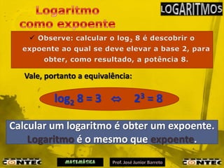 Vale, portanto a equivalência:

           log2 8 = 3 ⇔             23 = 8

Calcular um logaritmo é obter um expoente.
    Logaritmo é o mesmo que expoente.
 