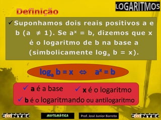 loga b = x ⇔ ax = b
  a é a base  x é o logaritmo
 b é o logaritmando ou antilogaritmo
 