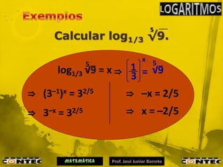 5
      Calcular log1/3 √9.
                       x
               5           5
      log1/3 √9 = x ⇒ 1 = √9
                      3
⇒ (3–1)x = 32/5     ⇒ –x = 2/5
⇒ 3–x = 32/5        ⇒ x = –2/5
 
