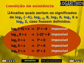 Analise quais seriam os significados
 de log2 (–4), log(–2) 8, log7 0, log1 6 e
     log0 2, caso fossem definidos.

  log2 (–4) = x ⇒ 2x = –4 impossível
  log–2 8 = x ⇒ (–2)x = 8 impossível
  log7 0 = x   ⇒ 7x = 0   impossível
  log1 6 = x   ⇒ 1x = 6   impossível
  log0 2 = x   ⇒ 0x = 2   impossível
 