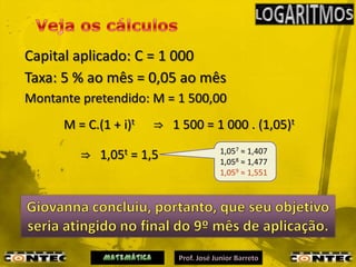 Capital aplicado: C = 1 000
Taxa: 5 % ao mês = 0,05 ao mês
Montante pretendido: M = 1 500,00
      M = C.(1 + i)t     ⇒ 1 500 = 1 000 . (1,05)t

         ⇒   1,05t   = 1,5          1,057 ≈ 1,407
                                    1,058 ≈ 1,477
                                    1,059 ≈ 1,551
 