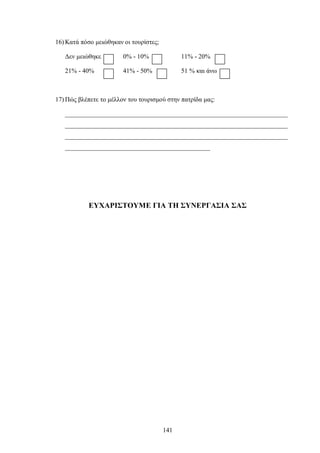 16) Κατά πόσο μειώθηκαν οι τουρίστες;
Δεν μειώθηκε 0% - 10% 11% - 20%
21% - 40% 41% - 50% 51 % και άνω
17) Πώς βλέπετε το μέλλον του τουρισμού στην πατρίδα μας:
_____________________________________________________________________
_____________________________________________________________________
_____________________________________________________________________
_____________________________________________
ΕΥΧΑΡΙΣΤΟΥΜΕ ΓΙΑ ΤΗ ΣΥΝΕΡΓΑΣΙΑ ΣΑΣ
141
 