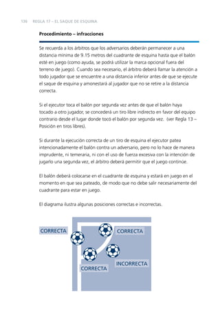 136

REGLA 17 – EL SAQUE DE ESQUINA

Procedimiento – infracciones
Se recuerda a los árbitros que los adversarios deberán permanecer a una
distancia mínima de 9.15 metros del cuadrante de esquina hasta que el balón
esté en juego (como ayuda, se podrá utilizar la marca opcional fuera del
terreno de juego). Cuando sea necesario, el árbitro deberá llamar la atención a
todo jugador que se encuentre a una distancia inferior antes de que se ejecute
el saque de esquina y amonestará al jugador que no se retire a la distancia
correcta.
Si el ejecutor toca el balón por segunda vez antes de que el balón haya
tocado a otro jugador, se concederá un tiro libre indirecto en favor del equipo
contrario desde el lugar donde tocó el balón por segunda vez. (ver Regla 13 –
Posición en tiros libres).
Si durante la ejecución correcta de un tiro de esquina el ejecutor patea
intencionadamente el balón contra un adversario, pero no lo hace de manera
imprudente, ni temeraria, ni con el uso de fuerza excesiva con la intención de
jugarlo una segunda vez, el árbitro deberá permitir que el juego continúe.
El balón deberá colocarse en el cuadrante de esquina y estará en juego en el
momento en que sea pateado, de modo que no debe salir necesariamente del
cuadrante para estar en juego.
El diagrama ilustra algunas posiciones correctas e incorrectas.

CORRECTA

CORRECTA

CORRECTA

INCORRECTA

 