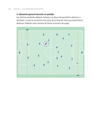 86

REGLA 6 – LOS ÁRBITROS ASISTENTES

2. Ubicación general durante un partido
Los árbitros asistentes deberán hallarse a la altura del penúltimo defensor o
del balón, si este se encuentra más cerca de la línea de meta que el penúltimo
defensor. Deberán estar siempre de frente al terreno de juego.

 