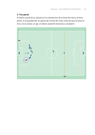 REGLA 6 – LOS ÁRBITROS ASISTENTES

89

5. Tiro penal
El árbitro asistente se ubicará en la intersección de la línea de meta y el área
penal. Si el guardameta se aparta de la línea de meta antes de que se lance el
tiro y no se anota un gol, el árbitro asistente levantará su banderín.

 