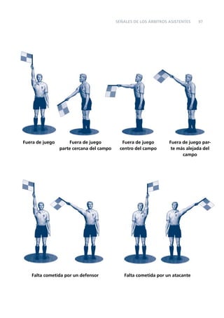 SEÑALES DE LOS ÁRBITROS ASISTENTES

Fuera de juego

Fuera de juego
parte cercana del campo

Falta cometida por un defensor

Fuera de juego
centro del campo

97

Fuera de juego parte más alejada del
campo

Falta cometida por un atacante

 