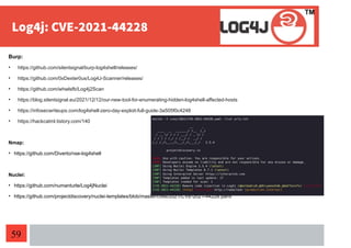 59
Burp:
• https://github.com/silentsignal/burp-log4shell/releases/
• https://github.com/0xDexter0us/Log4J-Scanner/releases/
• https://github.com/whwlsfb/Log4j2Scan
• https://blog.silentsignal.eu/2021/12/12/our-new-tool-for-enumerating-hidden-log4shell-affected-hosts
• https://infosecwriteups.com/log4shell-zero-day-exploit-full-guide-3a505f0c4248
• https://hackcatml.tistory.com/140
Nmap:
• https://github.com/Diverto/nse-log4shell
Nuclei:
• https://github.com/numanturle/Log4jNuclei
• https://github.com/projectdiscovery/nuclei-templates/blob/master/cves/2021/CVE-2021-44228.yaml
 