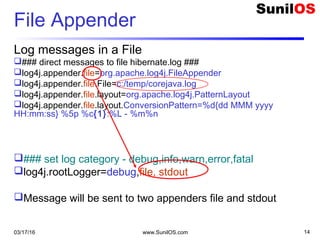 03/17/16 www.SunilOS.com 14
File Appender
Log messages in a File
### direct messages to file hibernate.log ###
log4j.appender.file=org.apache.log4j.FileAppender
log4j.appender.file.File=c:/temp/corejava.log
log4j.appender.file.layout=org.apache.log4j.PatternLayout
log4j.appender.file.layout.ConversionPattern=%d{dd MMM yyyy
HH:mm:ss} %5p %c{1}:%L - %m%n
### set log category - debug,info,warn,error,fatal
log4j.rootLogger=debug,file, stdout
Message will be sent to two appenders file and stdout
 