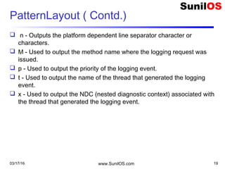 03/17/16 www.SunilOS.com 19
PatternLayout ( Contd.)
 n - Outputs the platform dependent line separator character or
characters.
 M - Used to output the method name where the logging request was
issued.
 p - Used to output the priority of the logging event.
 t - Used to output the name of the thread that generated the logging
event.
 x - Used to output the NDC (nested diagnostic context) associated with
the thread that generated the logging event.
 