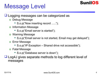 03/17/16 www.SunilOS.com 4
Message Level
 Logging messages can be categorized as
o Debug Message
 S.o.p(“Now inserting record …..”);
o Information Message
 S.o.p(“Email server is started”);
o Warning Message
 S.o.p(“Email server is not started, Email may get delayed”);
o Error Message
 S.o.p(“IP Exception – Shared drive not accessible”);
o Fatal Message
 S.o.p(“Database server is down”);
 Log4J gives separate methods to log different level of
messages
 