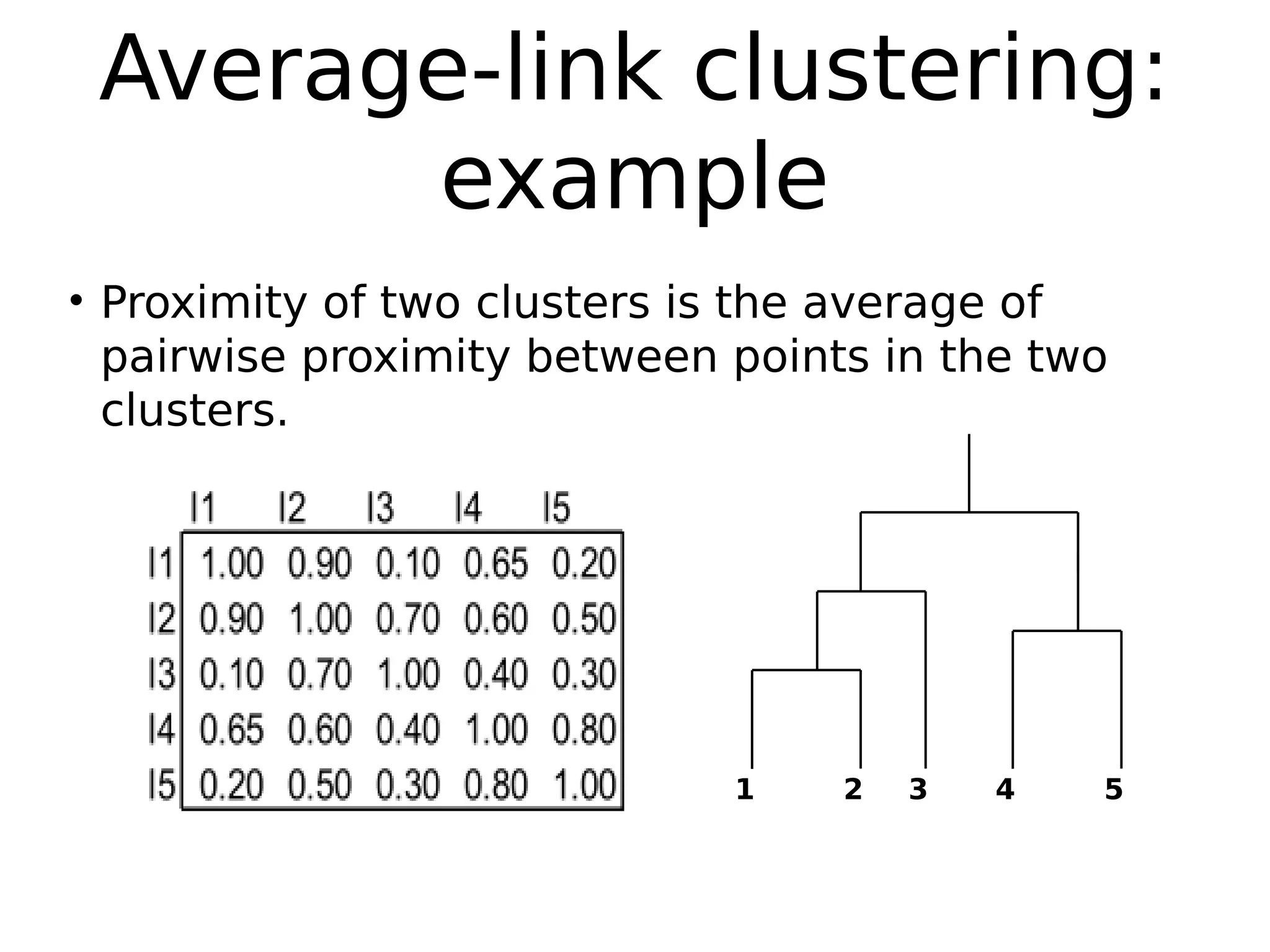 Average-link clustering:
example
• Proximity of two clusters is the average of
pairwise proximity between points in the two
clusters.
1 2 3 4 5
 