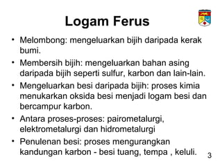 Logam Ferus
• Melombong: mengeluarkan bijih daripada kerak
bumi.
• Membersih bijih: mengeluarkan bahan asing
daripada bijih seperti sulfur, karbon dan lain-lain.
• Mengeluarkan besi daripada bijih: proses kimia
menukarkan oksida besi menjadi logam besi dan
bercampur karbon.
• Antara proses-proses: pairometalurgi,
elektrometalurgi dan hidrometalurgi
• Penulenan besi: proses mengurangkan
kandungan karbon - besi tuang, tempa , keluli. 3
 