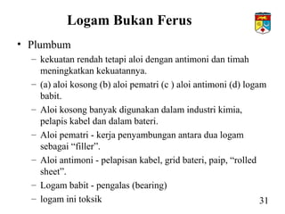 Logam Bukan Ferus
• Plumbum
– kekuatan rendah tetapi aloi dengan antimoni dan timah
meningkatkan kekuatannya.
– (a) aloi kosong (b) aloi pematri (c ) aloi antimoni (d) logam
babit.
– Aloi kosong banyak digunakan dalam industri kimia,
pelapis kabel dan dalam bateri.
– Aloi pematri - kerja penyambungan antara dua logam
sebagai “filler”.
– Aloi antimoni - pelapisan kabel, grid bateri, paip, “rolled
sheet”.
– Logam babit - pengalas (bearing)
– logam ini toksik 31
 