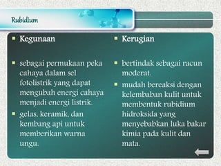 Rubidium
 Kegunaan
 sebagai permukaan peka
cahaya dalam sel
fotolistrik yang dapat
mengubah energi cahaya
menjadi energi listrik.
 gelas, keramik, dan
kembang api untuk
memberikan warna
ungu.
 Kerugian
 bertindak sebagai racun
moderat.
 mudah bereaksi dengan
kelembaban kulit untuk
membentuk rubidium
hidroksida yang
menyebabkan luka bakar
kimia pada kulit dan
mata.
 