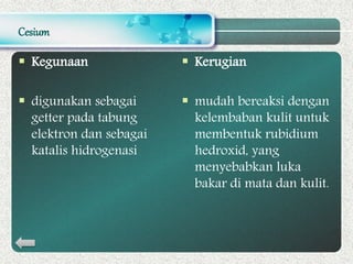 Cesium
 Kegunaan
 digunakan sebagai
getter pada tabung
elektron dan sebagai
katalis hidrogenasi
 Kerugian
 mudah bereaksi dengan
kelembaban kulit untuk
membentuk rubidium
hedroxid, yang
menyebabkan luka
bakar di mata dan kulit.
 
