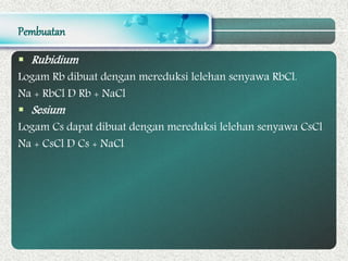 Pembuatan
 Rubidium
Logam Rb dibuat dengan mereduksi lelehan senyawa RbCl.
Na + RbCl D Rb + NaCl
 Sesium
Logam Cs dapat dibuat dengan mereduksi lelehan senyawa CsCl
Na + CsCl D Cs + NaCl
 