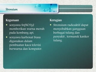 Stronsium
Kegunaan
 senyawa Sr(NO3)2
memberikan warna merah
pada kembang api.
 senyawa karbonat biasa
digunakan dalam
pembuatan kaca televisi
berwarna dan komputer.
Kerugian
 Stronsium radioaktif dapat
menyebabkan gangguan
berbagai tulang dan
penyakit , termasuk kanker
tulang.
 