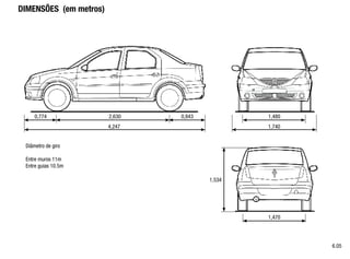 4,247		 1,740
1,470
1,534
0,774 2,630 0,843 1,480
Diâmetro de giro
Entre muros 11m
Entre guias 10.5m
DIMENSÕES (em metros)
6.05
 