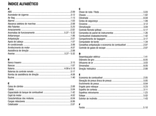 ÍNDICE ALFABÉTICO
A
ABS ..................................................................................................2.09
Acendedor de cigarros ......................................................................3.12
Air Bag .............................................................................................1.13
Alarme .............................................................................................1.03
Alavanca seletora de marchas ..........................................................2.08
Alto Falantes .....................................................................................5.25
Amaciamento ...................................................................................2.02
Anomalias de funcionamento .................................................5.27 - 5.32
Antiarranque .....................................................................................1.06
Antipoluição .....................................................................................2.07
Apoio de cabeça ...............................................................................1.07
Ar-condicionado ...............................................................................3.06
Arrefecimento do motor ....................................................................4.07
Assistência de direção ......................................................................2.08
Avarias ...................................................................................5.27 - 5.32
B
Banco traseiro ..................................................................................3.15
Bancos .............................................................................................1.07
Bateria ...................................................................................4.09 e 5.18
Baterias do controle remoto ..............................................................5.17
Bomba de assistência de direção .....................................................4.08
Buzina ..............................................................................................1.40
C
Caixa de câmbio ...............................................................................2.08
Calota ...............................................................................................5.04
Capacidade do tanque de combustível ..............................................1.42
Capô do motor ..................................................................................4.02
Características dos motores .............................................................6.04
Cargas rebocáveis ............................................................................6.06
Catalizador .......................................................................................2.07
C
Chave de roda / Roda ..........................................................................5.03
Chaves ................................................................................................1.02
Cilindrada ............................................................................................6.04
Cintos de segurança ............................................................................1.09
Cinzeiros .............................................................................................3.12
Climatização ........................................................................................3.04
Controle Remoto (pilhas) ......................................................................5.17
Comandos do painel de instrumentos ..................................................1.26
Combustível (reabastecimento) ............................................................1.42
Compartimento de bagagem ...............................................................3.17
Computador de bordo ..........................................................................1.34
Conselhos antipoluição e economia de combustível .............................2.07
Controle de gases de escape ...............................................................2.07
D
Desembaçador elétrico ........................................................................1.41
Diâmetro de giro ..................................................................................6.05
Difusores de ar ....................................................................................3.03
Dimensões ..........................................................................................6.05
Direção hidráulica ...............................................................................2.08
E
Economia de combustível ....................................................................2.05
Elevação de pneus (troca de pneus) .....................................................5.05
Enchimento de pneus ..........................................................................0.04
Engate para reboque ...........................................................................5.23
Espelho de cortesia .............................................................................3.11
Espelhos retrovisores ..........................................................................1.23
Estepe .................................................................................................5.02
Extintor de incêndio .............................................................................1.43
F
Faróis ..........................................................................................5.10
 