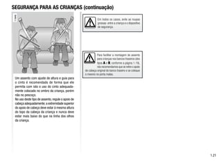 Em todos os casos, evite as roupas
grossas entre a criança e o dispositivo
de segurança.
1.21
Para facilitar a montagem de assento
para crianças nos bancos traseiros (dos
tipos A e B, conforme a página 1.19),
nós recomendamos que se retire o apoio
de cabeça original do banco traseiro e se coloque
o mesmo no porta malas.
SEGURANÇA PARA AS CRIANÇAS (continuação)
Um assento com ajuste de altura e guia para
o cinto é recomendado de forma que ele
permita com isto o uso do cinto adequada-
mente colocado no ombro da criança, porém
não no pescoço.
No uso deste tipo de assento,regule o apoio de
cabeça adequadamente; a extremidade superior
do apoio de cabeça deve estar à mesma altura
do topo da cabeça da criança e nunca deve
estar mais baixo do que na linha dos olhos
da criança.
 