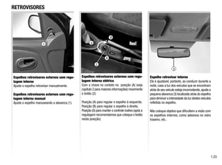 Espelho retrovisor interno
Ele é ajustável, portanto, ao conduzir durante a
noite, caso a luz dos veículos que se encontram
atrás do seu veículo esteja incomodando,ajuste a
pequena alavanca (3) localizada atrás do espelho
para diminuir a intensidade da luz destes veículos
refletida no espelho.
Não coloque objetos que dificultem a visão com
os espelhos internos, como adesivos no vidro
traseiro, etc..
A
B
2
0
3
1.23
Espelhos retrovisores externos sem regu-
lagem interna
Ajuste o espelho retrovisor manualmente.
Espelhos retrovisores externos com regu-
lagem interna manual
Ajuste o espelho manuseando a alavanca (1).
RETROVISORES
Espelhos retrovisores externos com regu-
lagem interna elétrica
Com a chave no contato na posição (A) (veja
capítulo 2 para maiores informações) movimente
o botão (2):
Posição (A) para regular o espelho à esquerda.
Posição (B) para regular o espelho à direita.
Posição (0) para manter o controle inativo (após a
regulagem recomendamos que coloque o botão
nesta posição).
1
 