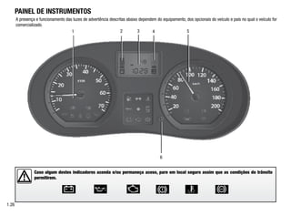 1.26
PAINEL DE INSTRUMENTOS
A presença e funcionamento das luzes de advertência descritas abaixo dependem do equipamento, dos opcionais do veículo e país no qual o veículo for
comercializado.
2			
6
Caso algum destes indicadores acenda e/ou permaneça aceso, pare em local seguro assim que as condições do trânsito
permitirem.
5
4
3
1
 