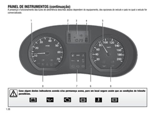 A presença e funcionamento das luzes de advertência descritas abaixo dependem do equipamento, dos opcionais do veículo e país no qual o veículo for
comercializado.
			
1.28
PAINEL DE INSTRUMENTOS (continuação)
8 7 6 8
Caso algum destes indicadores acenda e/ou permaneça aceso, pare em local seguro assim que as condições do trânsito
permitirem.
1 2 3 4 5
 