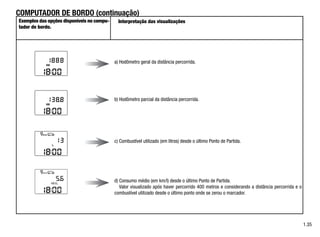 24450
24449
24448
a) Hodômetro geral da distância percorrida.
b) Hodômetro parcial da distância percorrida.
d) Consumo médio (em km/l) desde o último Ponto de Partida.
Valor visualizado após haver percorrido 400 metros e considerando a distância percorrida e o
combustível utilizado desde o último ponto onde se zerou o marcador.
1.35
COMPUTADOR DE BORDO (continuação)
c) Combustível utilizado (em litros) desde o último Ponto de Partida.
Exemplos das opções disponíveis no compu-
tador de bordo.
Interpretação das visualizações
 