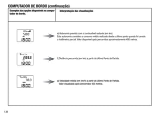 24445
24446
24447
1.36
COMPUTADOR DE BORDO (continuação)
e) Autonomia prevista com o combustível restante (em km).
Esta autonomia considera o consumo médio realizado desde o último ponto quando foi zerado
o hodômetro parcial. Valor disponível após percorridos aproximadamente 400 metros.
g) Velocidade média (em km/h) a partir do último Ponto de Partida.
Valor visualizado após percorridos 400 metros.
f) Distância percorrida (em km) a partir do último Ponto de Partida.
Exemplos das opções disponíveis no compu-
tador de bordo.
Interpretação das visualizações
 