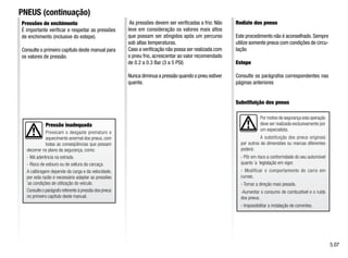 Pressão inadequada
Provocam o desgaste prematuro e
aquecimento anormal dos pneus, com
todas as conseqüências que possam
decorrer no plano da segurança, como:
- Má aderência na estrada.
- Risco de estouro ou de soltura da carcaça.
A calibragem depende da carga e da velocidade,
por esta razão é necessário adaptar as pressões
`as condições de utilização do veículo.
Consulte o parágrafo referente à pressão dos pneus
no primeiro capítulo deste manual.
Por motivo de segurança esta operação
deve ser realizada exclusivamente por
um especialista.
A substituição dos pneus originais
por outros de dimensões ou marcas diferentes
poderá:
- Pôr em risco a conformidade do seu automóvel
quanto `a legislação em vigor.
- Modificar o comportamento do carro em
curvas.
- Tornar a direção mais pesada.
-Aumentar o consumo de combustível e o ruído
dos pneus.
- Impossibilitar a instalação de correntes.
Pressões de enchimento
É importante verificar e respeitar as pressões
de enchimento (inclusive do estepe).
Consulte o primeiro capítulo deste manual para
os valores de pressão.
As pressões devem ser verificadas a frio: Não
leve em consideração os valores mais altos
que possam ser atingidos após um percurso
sob altas temperaturas.
Caso a verificação não possa ser realizada com
o pneu frio, acrescentar ao valor recomendado
de 0.2 a 0.3 Bar (3 a 5 PSI)
Nunca diminua a pressão quando o pneu estiver
quente.
Rodízio dos pneus
Este procedimento não é aconselhado.Sempre
utilize somente pneus com condições de circu-
lação
Estepe
Consulte os parágrafos correspondentes nas
páginas anteriores
Substituição dos pneus
PNEUS (continuação)
5.07
 