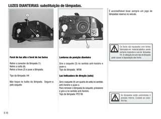 3
2
4
Os faróis são equipados com lentes
fabricadas em material plástico, sendo
portanto imperativo o uso de lâmpadas
H4 (A utilização de outro tipo de lâmpada
pode causar a degradação dos faróis.
As lâmpadas estão submetidas à
pressão interna. Cuidado ao subs-
tituí-las.
A
Farol de luz alta e farol de luz baixa
Retire o conector da lâmpada (1).
Retire a coifa (A).
Retire a trava (2) e puxe a lâmpada.
Tipo da lâmpada: H4
Não toque no bulbo da lâmpada. Segure-a
pelo soquete.
Lanterna de posição dianteira
Gire o soquete (3) no sentido anti-horário e
puxe-o.
Tipo da lâmpada : W5W.
Luz indicadora de direção (seta)
Gire o soquete (4) um quarto de volta no sentido
anti-horário e puxe-o.
Para remover a lâmpada do soquete, pressione
e gire-a no sentido anti-horário.
Tipo de lâmpada: PY21W.
É aconselhável levar sempre um jogo de
lâmpadas reserva no veículo.
LUZES DIANTEIRAS: substituição de lâmpadas.
5.10
1
 