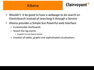 • Wouldn’t it be good to have a webpage to do search on
ElasticSearch instead of searching it through a Service
• Kibana provides a Simple but Powerful web Interface
– Customizable Dashboards
– Search the log events
• Support Lucene Query Syntax
– Creation of tables, graphs and sophisticated visualizations
Kibana
 