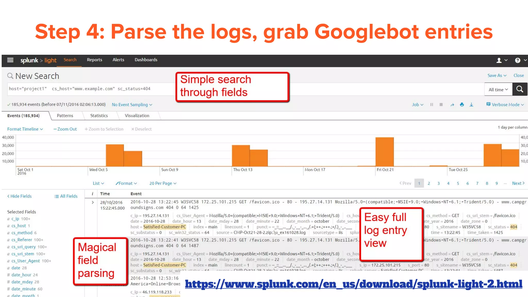 Step 4: Parse the logs, grab Googlebot entries
https://www.splunk.com/en_us/download/splunk-light-2.html
 