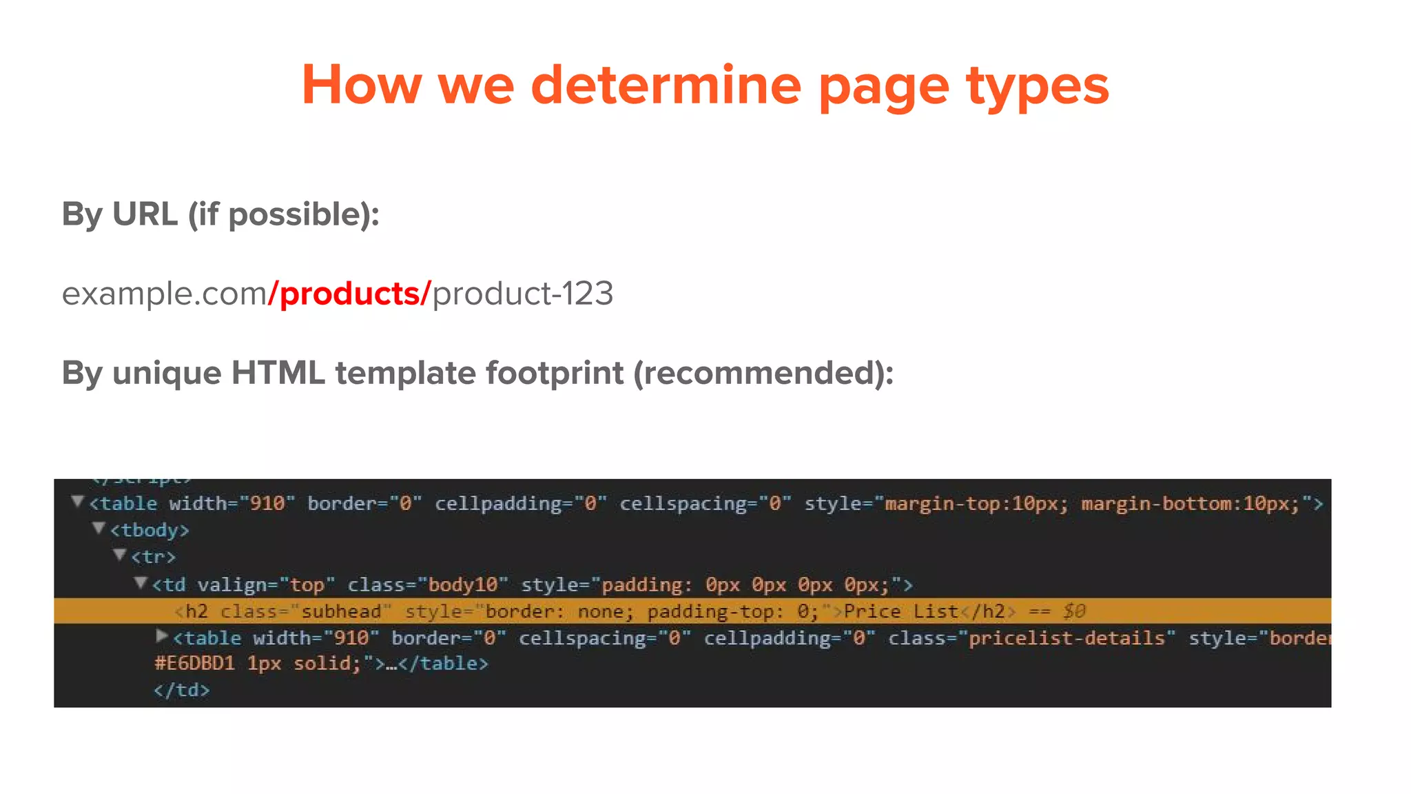 How we determine page types
By URL (if possible):
example.com/products/product-123
By unique HTML template footprint (recommended):
 