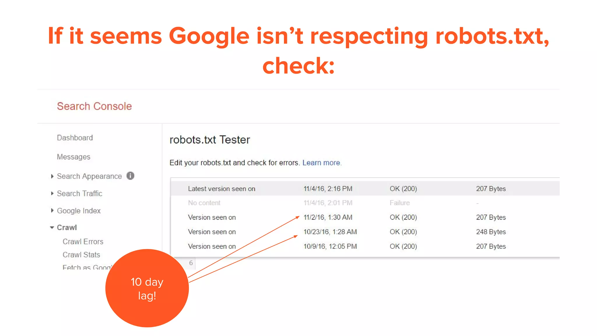 If it seems Google isn’t respecting robots.txt,
check:
10 day
lag!
 