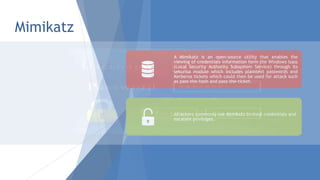 Mimikatz
A Mimikatz is an open-source utility that enables the
viewing of credentials information form the Windows lsass
(Local Security Authority Subsystem Service) through its
sekurlsa module which includes plaintext passwords and
Kerberos tickets which could then be used for attack such
as pass-the-hash and pass-the-ticket.
Attackers commonly use Mimikatz to steal credentials and
escalate privileges.
 