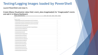 Testing/Logging Images loaded by PowerShell
Launch PowerShell and close it.
Create Kibana Visualization (data field: event_data.Imageloaded) for "ImageLoaded" events
and add it in Kibana Dashboard.
 